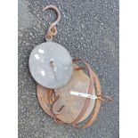 Two cast iron hanging skillets - sold with a Salter's Number 20T brass faced scale