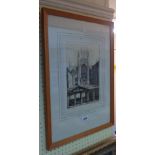 K. Takekoshi: a framed monochrome print, depicting a view of Bath Abbey - signed and titled in
