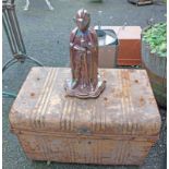 An old tin trunk - for restoration - sold with a vintage lustre enamelled knight form part companion