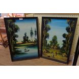 A pair of tourist ware African oil paintings on canvas board, both depicting figures on and