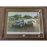 A framed signed limited edition coloured vintage racing car print entitled Duel at Picardy - No.