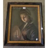 An antique Hogarth framed pastel drawing, depicting a portrait of a lady by candlelight - 48cm X