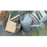 Two plastic garden bucket trugs containing a selection of assorted garden equipment and items