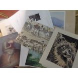 A collection of unframed mainly mounted monochrome and coloured prints - various subjects and