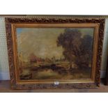 A gilt framed oleograph on canvas after John Constable, depicting a waterside mill - dent