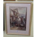 Alfred Leyman: a gilt framed watercolour, depicting a street scene in Dartmouth with figures and