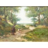An Impressionist School oil painting depicting a hunter with his dog in extensive country