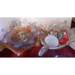 A quantity of coloured and clear pressed glassware including large carnival bowl, etc.