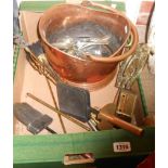 A box containing a quantity of assorted metalware including copper helmet coal