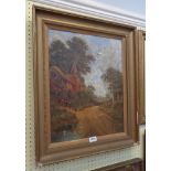 R. Dumont-Smith: a pair of gilt framed oils on canvas, one depicting a rural cottage and track,