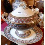 A 19th Century pottery soup tureen in the Grecian border pattern - sold with a similar oval platter