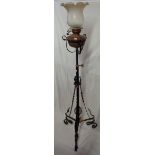 A large Victorian oil lamp standard, the copper reservoir with Lampe Veritas burner, the wrought