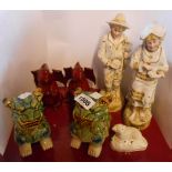A small quantity of ceramic figurines including a pair of Welsh Doniau Cudo Bangor pottery dragon