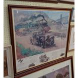 †Terence Cuneo: a framed coloured print entitled 'Bentley V Blue Train' with text and monochrome