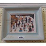 †Fred Yates: a framed oil on hardboard, depicting a group of figures and dog - signed verso
