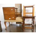 A mahogany and upholstered dressing stool - sold with two oak tea tables and a string top stool