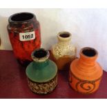 Four small vintage West German pottery vases with fat lava and other decorative glaze effects