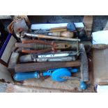 A box containing a quantity of assorted tools including antique brass ribbed rolling pin, Raybone
