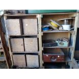 Two wooden workshop shelving units with loose drawers containing assorted ironmongery and a small