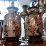 A pair of 20th Century Japanese pottery crackle glaze table lamps with brass fittings and hardwood