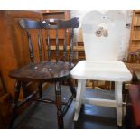 A painted wood occasional chair with pierced shaped back and solid seat, set on pegged standard ends