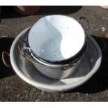 An old enamel preserve pan - sold with a large aluminium farmhouse cream pan and two further