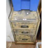 A 37cm vintage aluminium three drawer filing cabinet with shabby chic finish and concealed release