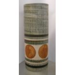 A vintage Troika cylinder vase decorated with a hand painted roundel frieze in typical colours