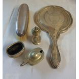 A silver mounted hand mirror and brush - sold with a plated condiment set