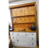 A 1.32m 20th Century part painted two part dresser with two shelf open plate rack over a base with