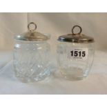 A silver topped cut glass barrel pattern preserve jar - sold with another with star cut base