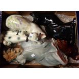 A box containing a quantity of pottery cats including China Blue, etc.