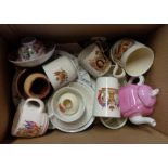 A box containing a quantity of assorted ceramic items including commemorative mugs, Queen Victoria