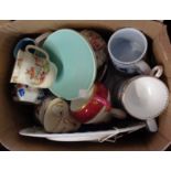 A box containing assorted ceramic items including Spode, Royal Crown Derby, Masons, etc.