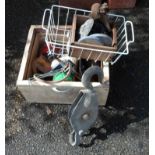 A wooden drawer containing a quantity of tools and other collectable items including gauges, dibber,