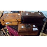 Three wooden boxes comprising lift-top and inlaid casket, marquetry inlaid workbox and cigarette box
