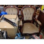 A pair of Victorian style mahogany part show frame spoon back drawing room open armchairs with