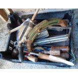 A crate containing a quantity of assorted tools including Stanley hand drill, screwdrivers,