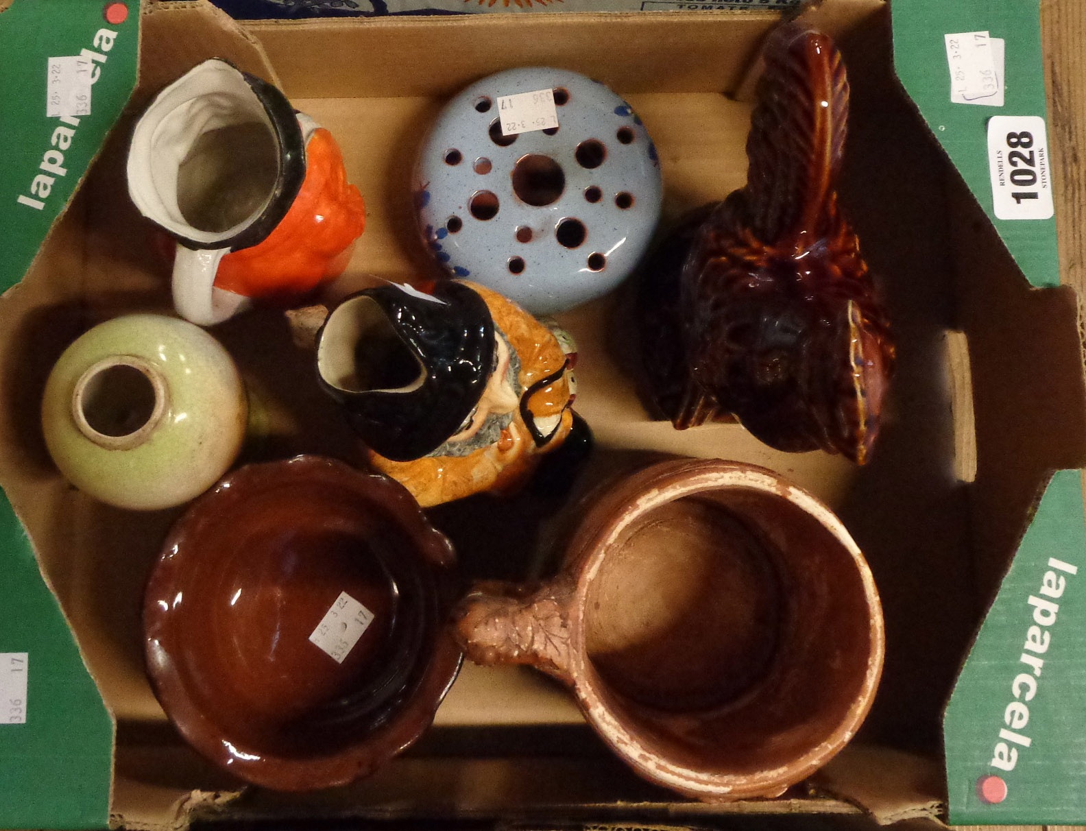 A box containing a quantity of ceramics including Shorter fisherman toby jug, Dartmouth Pottery