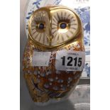 A Royal Crown Derby owl paperweight with Imari style decoration and original stopper