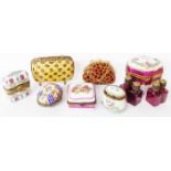 Six mainly Limoges trinket boxes - sold with a similar containing a set of four cranberry glass