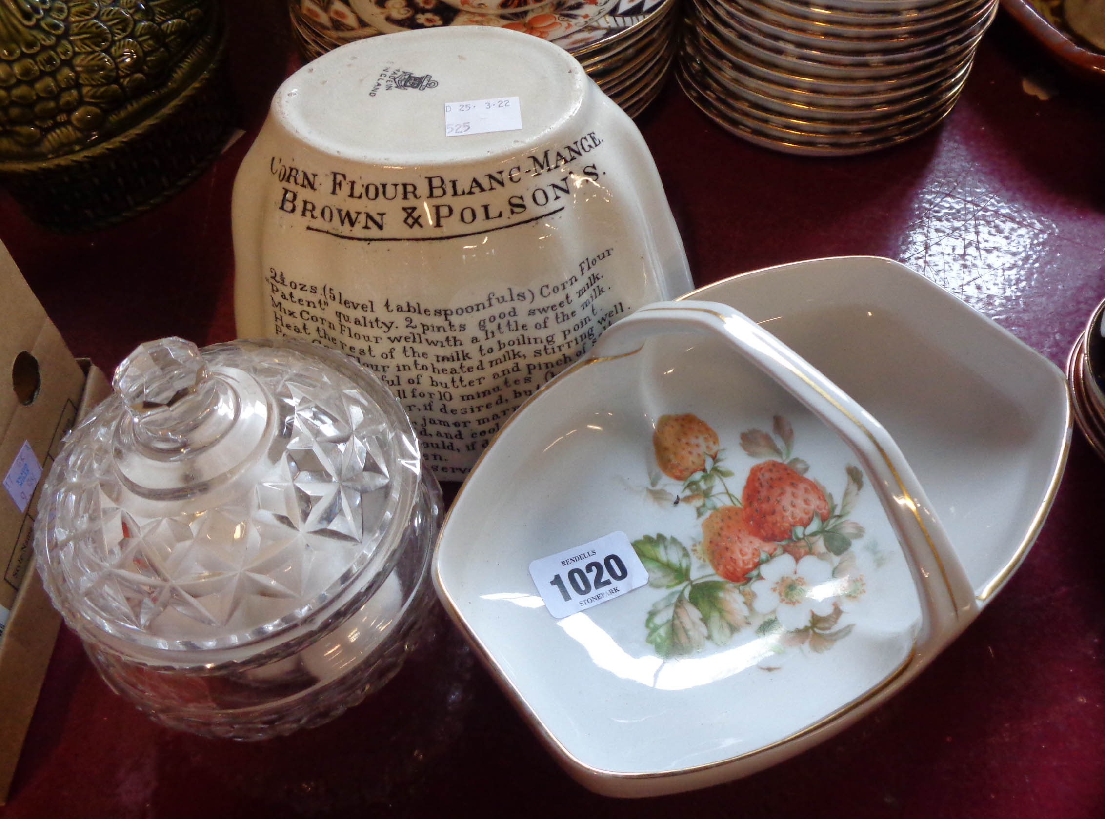 An old pottery blanc-mange mould with black printed recipe and cornflower blanc-mange Brown &