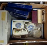 A box containing assorted ceramics including boxed Royal Crown Derby trinket dishes and box, Royal