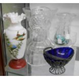 A selection of assorted glassware including vases, plated sweetmeat dish with blue glass liner,