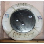A lifebelt shaped wooden framed mirror with painted decoration for HMS Ark Royal and Union flags