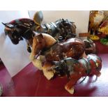Three ceramic cart horse models of various size - sold with two associated wooden carts