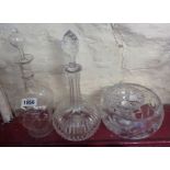 A small selection of glassware including late 19th Century pinched and Wrythen decanter in the James