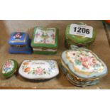 Five Limoges and other porcelain trinket boxes of various size and style - sold with a similar box