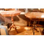 Two similar modern mixed wood pedestal tables, both set on a turned pillar and tripod base