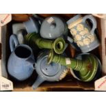 A box containing a quantity of Dartmouth Pottery including Widecombe Fair teapot, Mayflower dish,